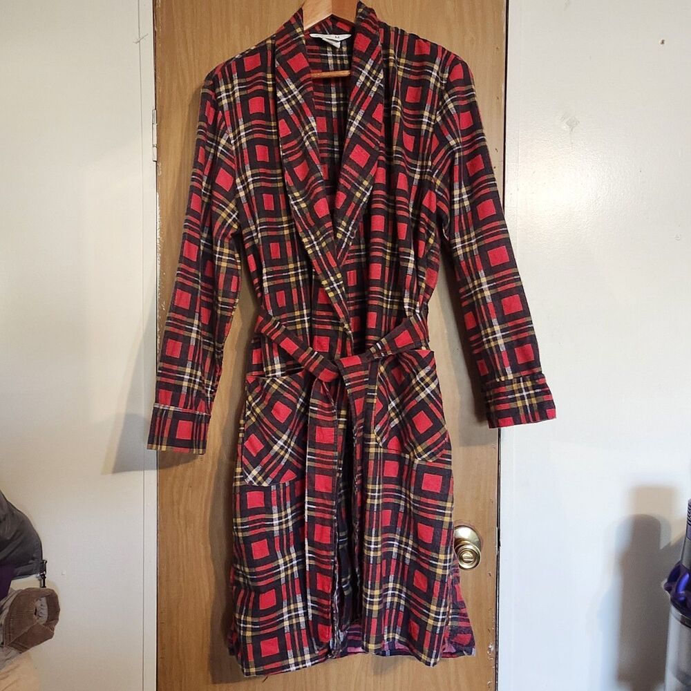 70s Jc Penny Mens M No Iron Flannel Plaid Tartan Belted Robe Pockets Red Yellow